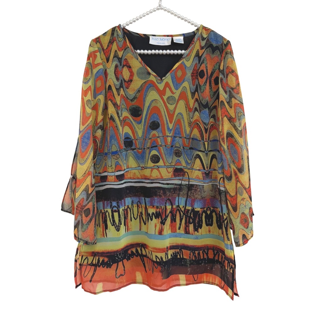 Bleu Bayou Vtg Abstract Psychedelic Print V-Neck Split Sleeve Y2K Retro Tunic S